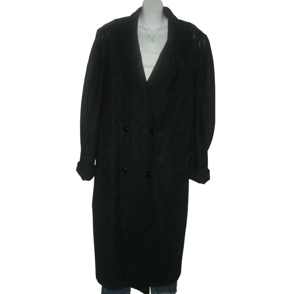 Vintage 80's Billi by Billycoat Wool Coat Black Faux Leather Goth Plus 20 Tall T - Picture 1 of 15